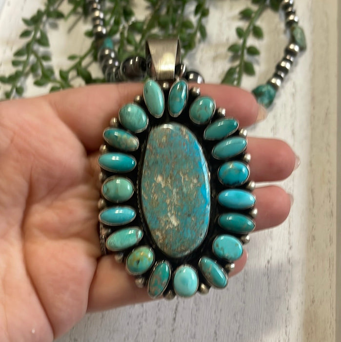 Beautiful Navajo Sterling Silver Beaded Turquoise Necklace With Pendant Signed Ella Peter