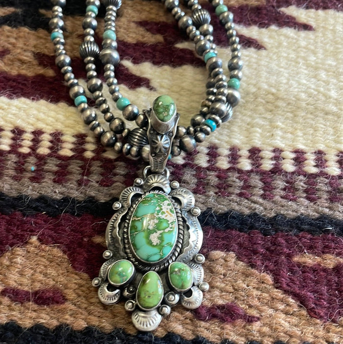 Beautiful Navajo Sterling Silver3 Strand Beaded Turquoise Necklace With Pendant Signed Gilbert Tom - Culture Kraze Marketplace.com