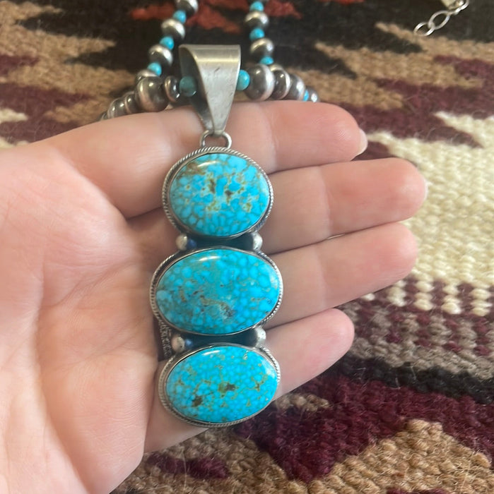 Beautiful Navajo Sterling Silver Beaded Turquoise Necklace With Pendant Signed Kathleen G - Culture Kraze Marketplace.com