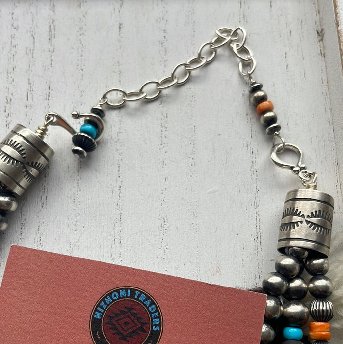 Navajo Beaded Turquoise, Spiny, & Sterling Silver Necklace Earrings Set Signed - Culture Kraze Marketplace.com