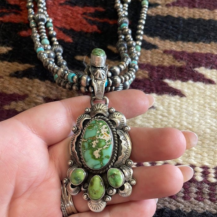 Beautiful Navajo Sterling Silver3 Strand Beaded Turquoise Necklace With Pendant Signed Gilbert Tom - Culture Kraze Marketplace.com