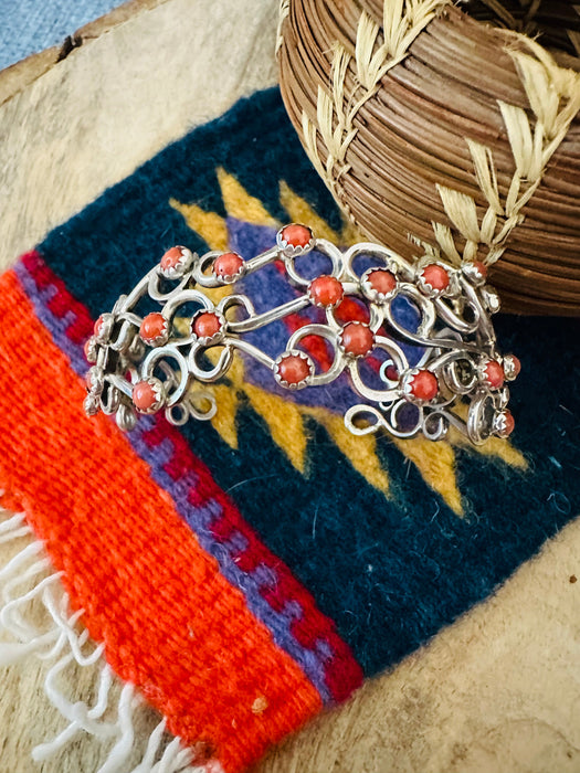 Navajo Coral & Sterling Silver Cuff Bracelet Signed