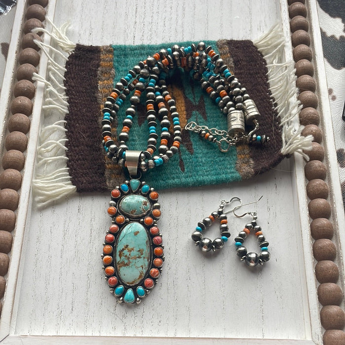 Navajo Beaded Turquoise, Spiny, & Sterling Silver Necklace Earrings Set Signed