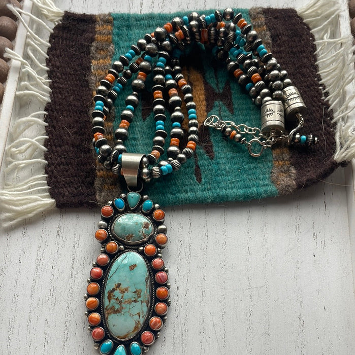 Navajo Beaded Turquoise, Spiny, & Sterling Silver Necklace Earrings Set Signed