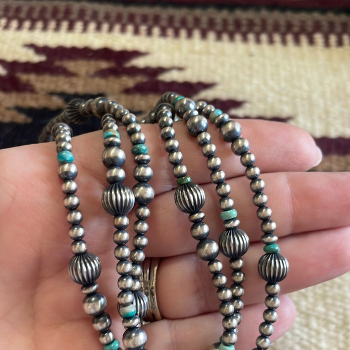 Beautiful Navajo Sterling Silver3 Strand Beaded Turquoise Necklace With Pendant Signed Gilbert Tom