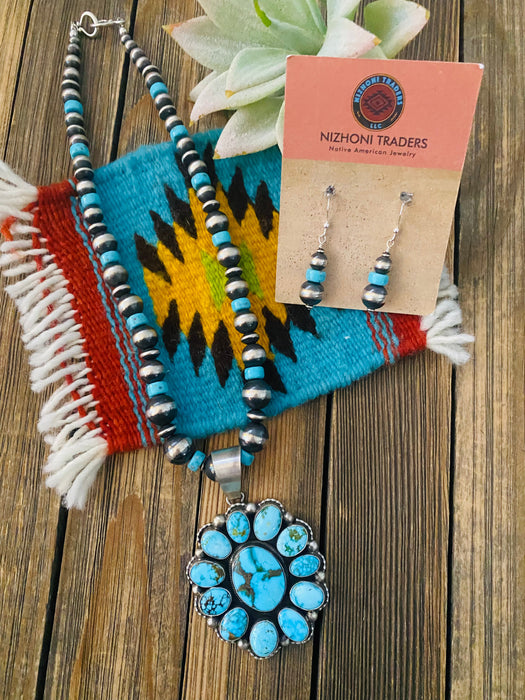 Navajo Sterling Silver & Kingman Turquoise Beaded Necklace Set