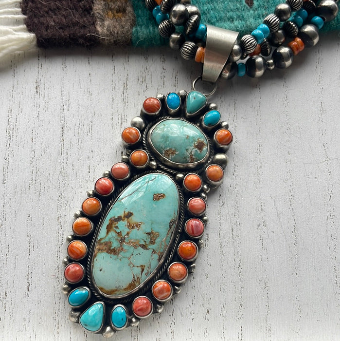 Navajo Beaded Turquoise, Spiny, & Sterling Silver Necklace Earrings Set Signed - Culture Kraze Marketplace.com