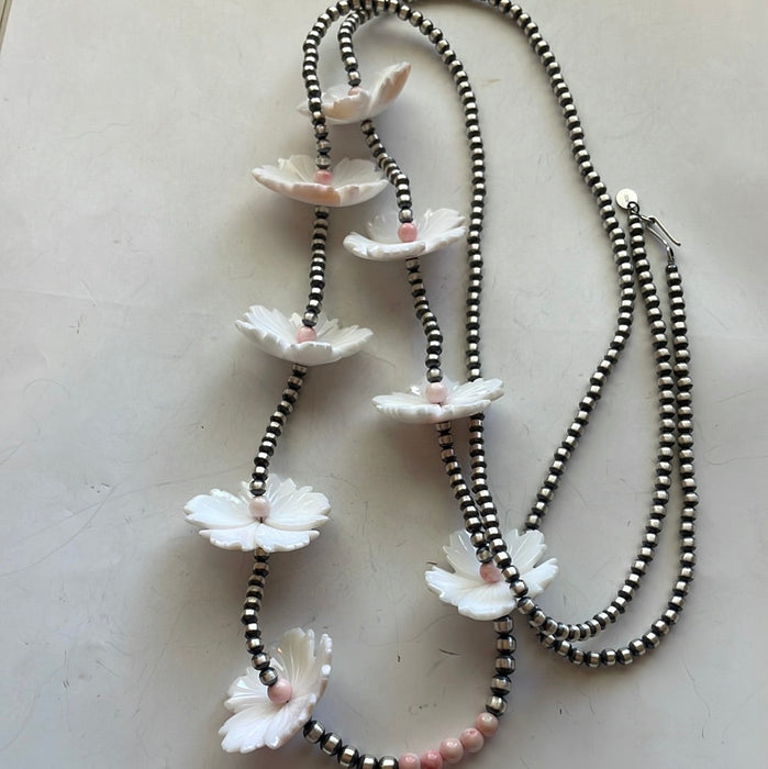 Navajo Pink Conch & Sterling Silver Flower Beaded Necklace 48”