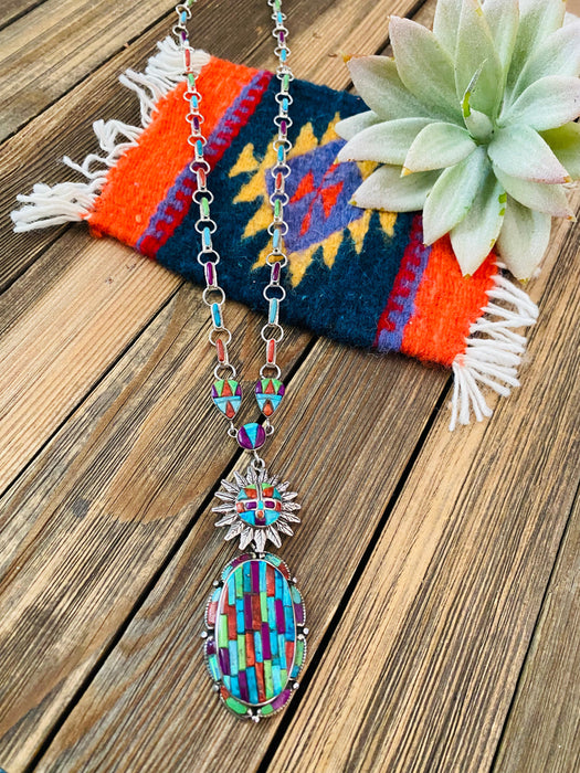 Gorgeous Handmade Sterling Silver & Multi Stone Inlay Kachina Necklace