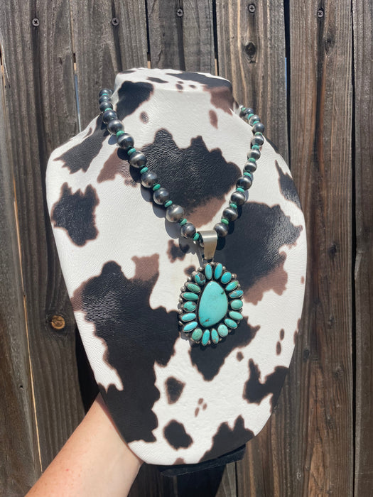 Beautiful Navajo Sterling Silver Beaded Turquoise Necklace With Pendant Signed Ella Peter - Culture Kraze Marketplace.com