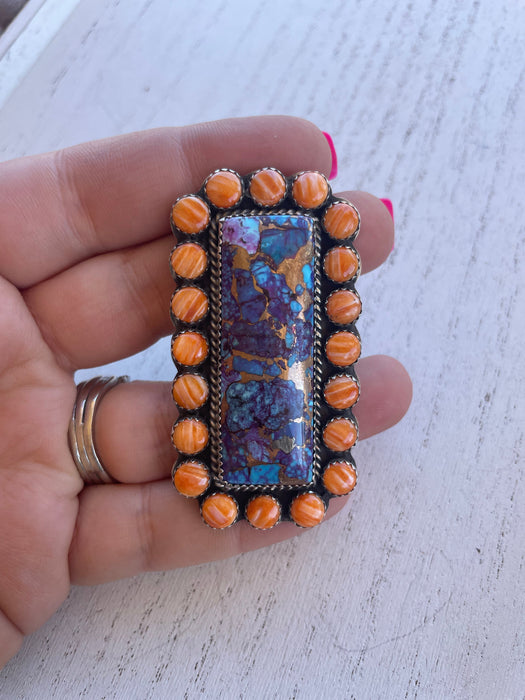 Navajo Orange Spiny, Purple Dream & Sterling Silver Adjustable Ring Signed P Yazzie - Culture Kraze Marketplace.com