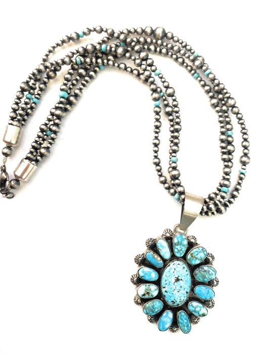 Navajo Sterling Silver & Kingman Turquoise Beaded Necklace