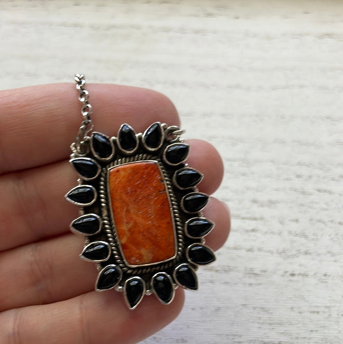 Handmade Sterling Silver, Black Onyx, & Orange Mojave Necklace Signed Nizhoni