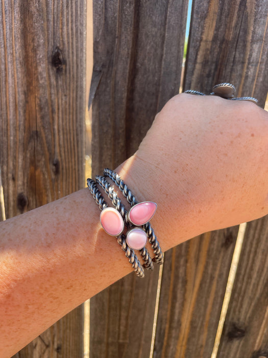 Navajo Oval Pink Conch & Sterling Silver Adjustable Cuff Bracelet