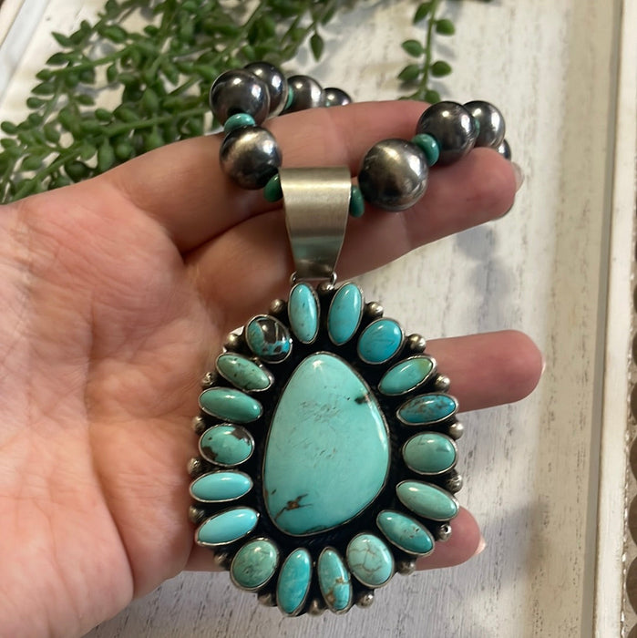 Beautiful Navajo Sterling Silver Beaded Turquoise Necklace With Pendant Signed Ella Peter - Culture Kraze Marketplace.com