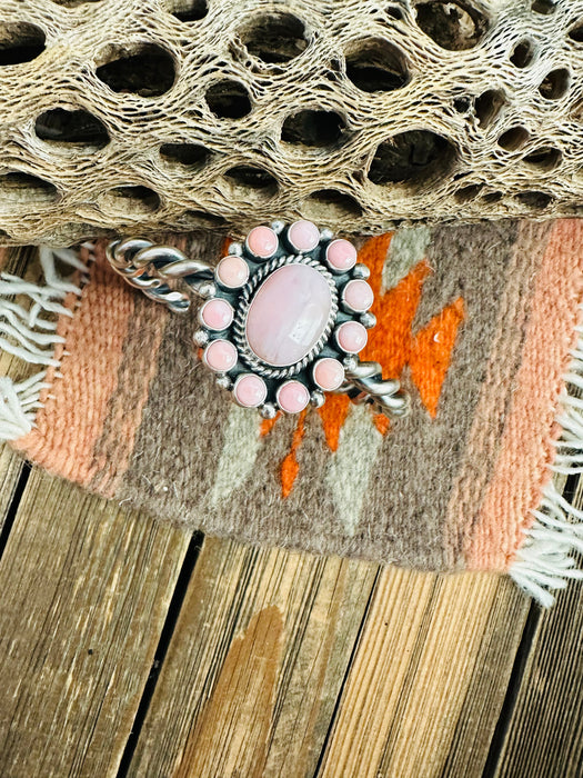 Navajo Queen Pink Conch Shell & Sterling Silver Cluster Cuff Bracelet