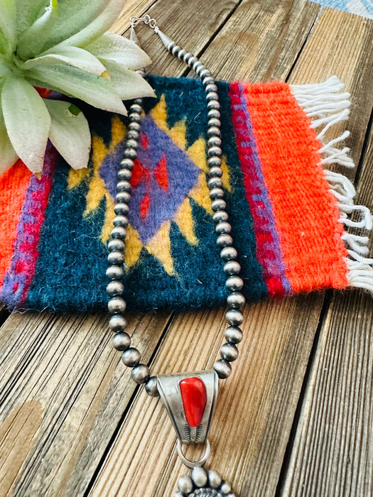 Navajo Sterling Silver, Turquoise & Coral Beaded Necklace