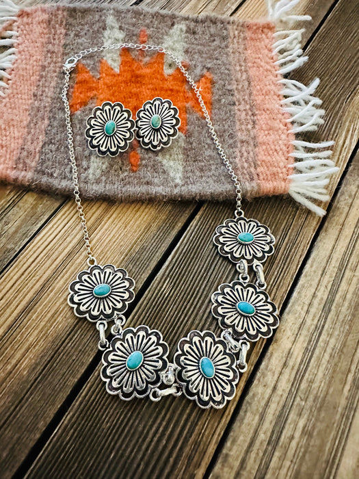 Handmade Sterling Silver & Turquoise Flower Necklace Set