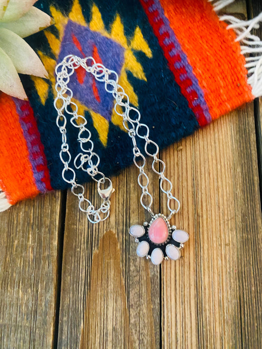 Navajo Sterling Silver & Pink Conch Shell Cluster Necklace