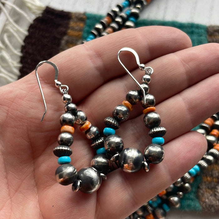 Navajo Beaded Turquoise, Spiny, & Sterling Silver Necklace Earrings Set Signed - Culture Kraze Marketplace.com