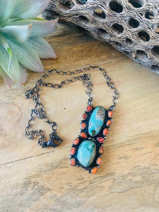 Navajo Sterling Silver, Spiny & Royston Turquoise Cluster Necklace