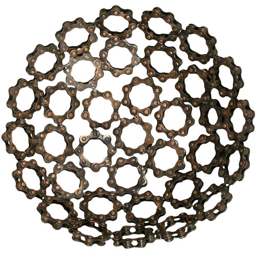 <center>Small Metal Bicycle Chain Bowl - Top View </br>Crafted by Artisans in India </br>Measures 3” high with 9-1/2” diameter</center>