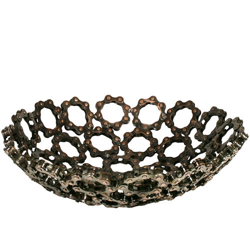 <center>Small Metal Bicycle Chain Bowl </br>Crafted by Artisans in India </br>Measures 3” high with 9-1/2” diameter</center>