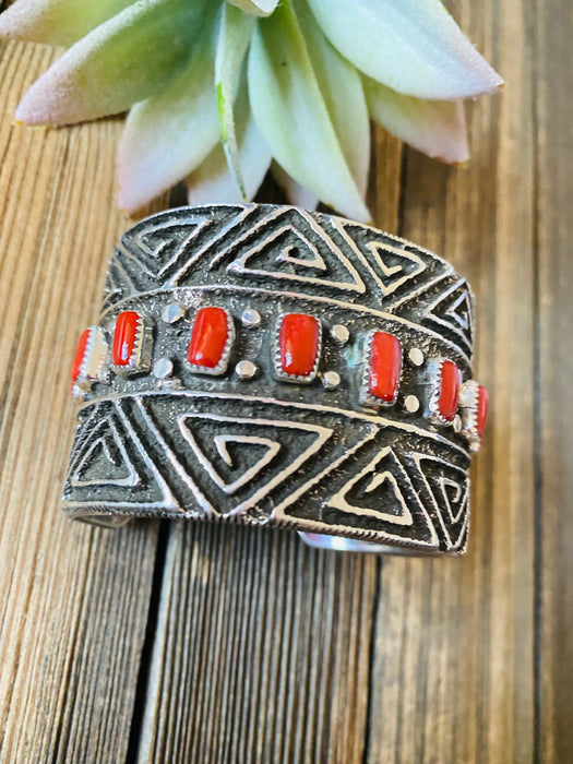 Navajo Coral & Sterling Silver Cuff Bracelet By Steve Arviso