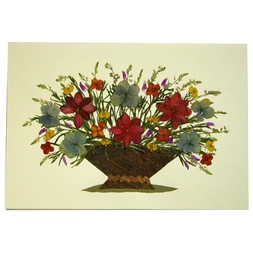 <center>Basket - Handmade Red and Blue Floral Greeting Card</br>Made by Woman Artisans in El Salvador</br>Measures: 6-7/8 in. tall x 4-3/4 in wide</center>