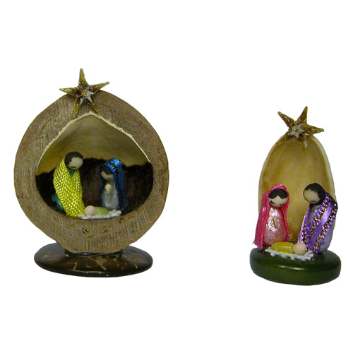 <center>Miniature Nut Nativity handmade by Camari Artisans in Ecuador<br/>Macadamia Nut Measures 1 1/2" tall x 1 1/8" wide x 1" diameter - Pistachio Nut Measures 1 1/2" tall x 1 1/8" wide x 1" diameter</center>