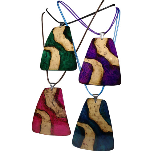 <center>Trapezoid Necklace and Earring Sets with Water Design</br>Handmade in Colombia</br>Adjustable cord necklace drop length 16-1/4'', pendant 3-1/2'' long x 3'' wide, earrings 1-1/2'' long x 1-1/4'' wide,  2-5/8'' drop</center>