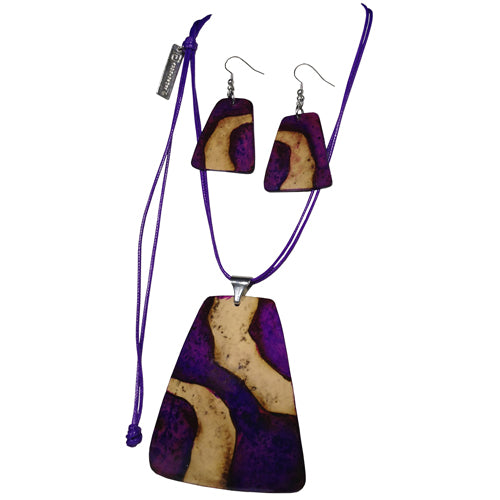 <center>Purple Trapezoid Necklace and Earring Sets with Water Design</br>Handmade in Colombia</br>Adjustable cord necklace drop length 16-1/4'', pendant 3-1/2'' long x 3'' wide, earrings 1-1/2'' long x 1-1/4'' wide,  2-5/8'' drop</center>