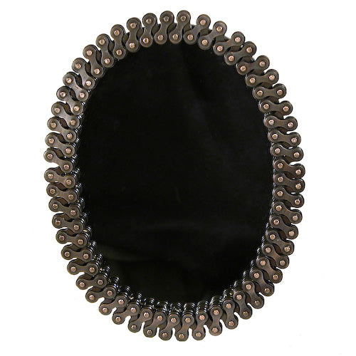 <center>Oval Mirror made of Recycled Bicycle Chain</br>Mirror Measures 5" wide x 7" high</center>
