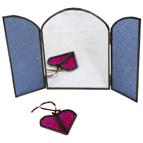 <center>Arched Mirror w/ Doors of Colored Glass - Blue</br>Closed - Measures 5-3/4" wide x 8" high</br>Opened - Measures 11-1/4" wide x 8" high</center>