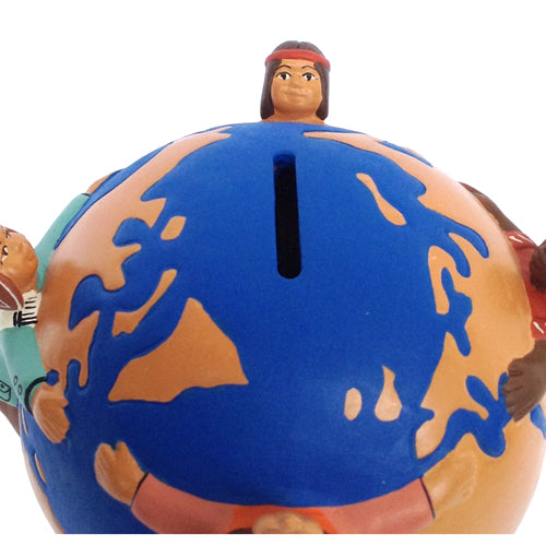 <center>Ceramic World Bank, crafted by Artisans in Peru </br> Measures 4 1/2” high x 6 3/8” wide x 6 3/8” deep</center>