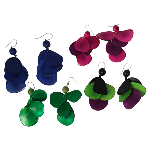 <center>Tagua Multi-Colored Slice Earrings by Artisans in Peru </br>Measures 2-3/4” drop x 1-1/2” wide, stainless steel hooks</center>