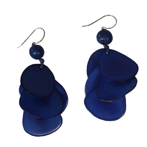 <center>Blue Tagua Slice Earrings by Artisans in Peru </br>Measures 2-3/4” drop x 1-1/2” wide, stainless steel hooks</center>