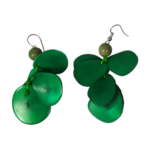 <center>Green Tagua Slice Earrings by Artisans in Peru </br>Measures 2-3/4” drop x 1-1/2” wide, stainless steel hooks</center>