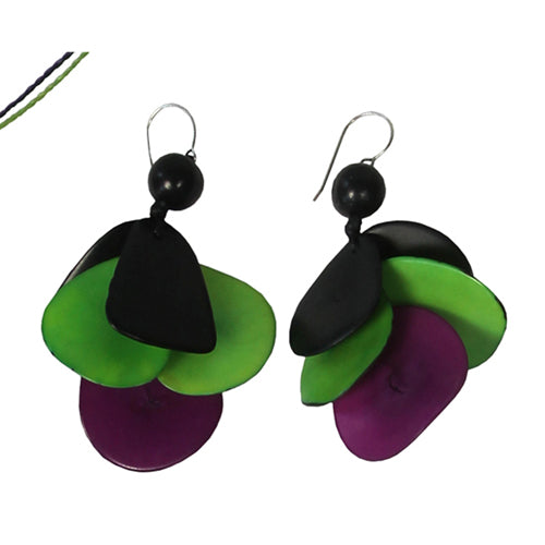 <center>Purple/Green Tagua Slice Earrings by Artisans in Peru </br>Measures 2-3/4” drop x 1-1/2” wide, stainless steel hooks</center>