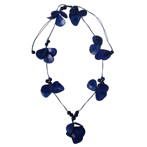 <center>Blue Tagua Sliced and Bead Necklace by Artisans in Peru </br>Measures 20” drop x 1-1/2” wide, adjustable</center>