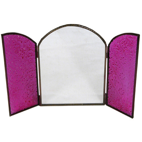 <center>Arched Mirror w/ Doors of Colored Glass - Pink</br>Closed - Measures 5-3/4" wide x 8" high</br>Opened - Measures 11-1/4" wide x 8" high</center>