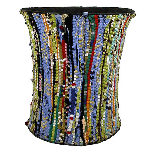 <center>Wire and Recycled-Cloth Wastebasket - Assorted Bright Colors</br>Large Measures: 12" tall x 11" diameter</br>Small Measures: 9-1/2" tall x 9-1/2 diameter</center>