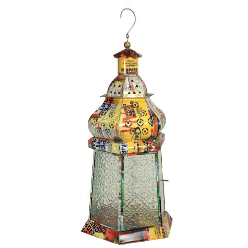 <center>Recycled Metal Candle Lantern with 6 Sides</br>Measures 15" high and 8-1/2" diameter</center>