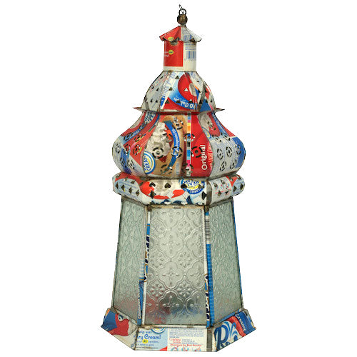 <center>Recycled Metal Candle Lantern with 6 Sides</br>Measures 15" high and 8-1/2" diameter</center>