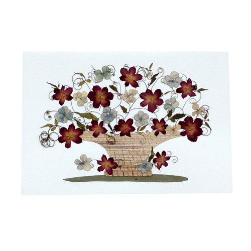 <center>Basket - Handmade Burgundy Floral Greeting Card</br>Made by Woman Artisans in El Salvador</br>Measures: 6-7/8 in. tall x 4-3/4 in wide</center>