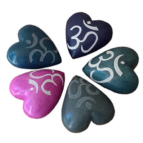 <center>Medium Soapstone Heart Etched OM Symbols</br>3 1/4'' high x 3'' wide x 1 1/2'' deep</br>Crafted by Artisans in Haiti</center>
