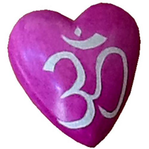 <center>Medium Pink Soapstone Heart Etched OM Symbols</br>3 1/4'' high x 3'' wide x 1 1/4'' deep</br>Crafted by Artisans in Haiti</center>