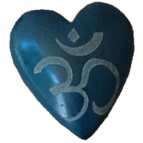 <center>Medium Teal Soapstone Heart Etched OM Symbols</br>3 1/4'' high x 3'' wide x 1 1/2'' deep</br>Crafted by Artisans in Haiti</center>