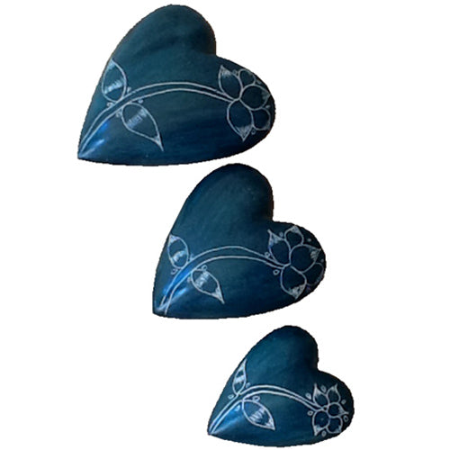 <center>Green Soapstone Heart with Etched Flower</br>Small, Medium and Large</br>Crafted by Artisans in Haiti</center>