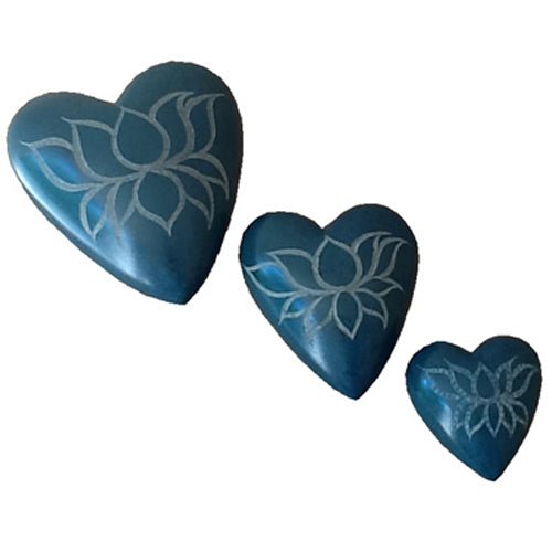 <center>Teal Soapstone Heart with Etched Lotus Flower</br>Small, Medium and Large</br>Crafted by Artisans in Haiti</center>